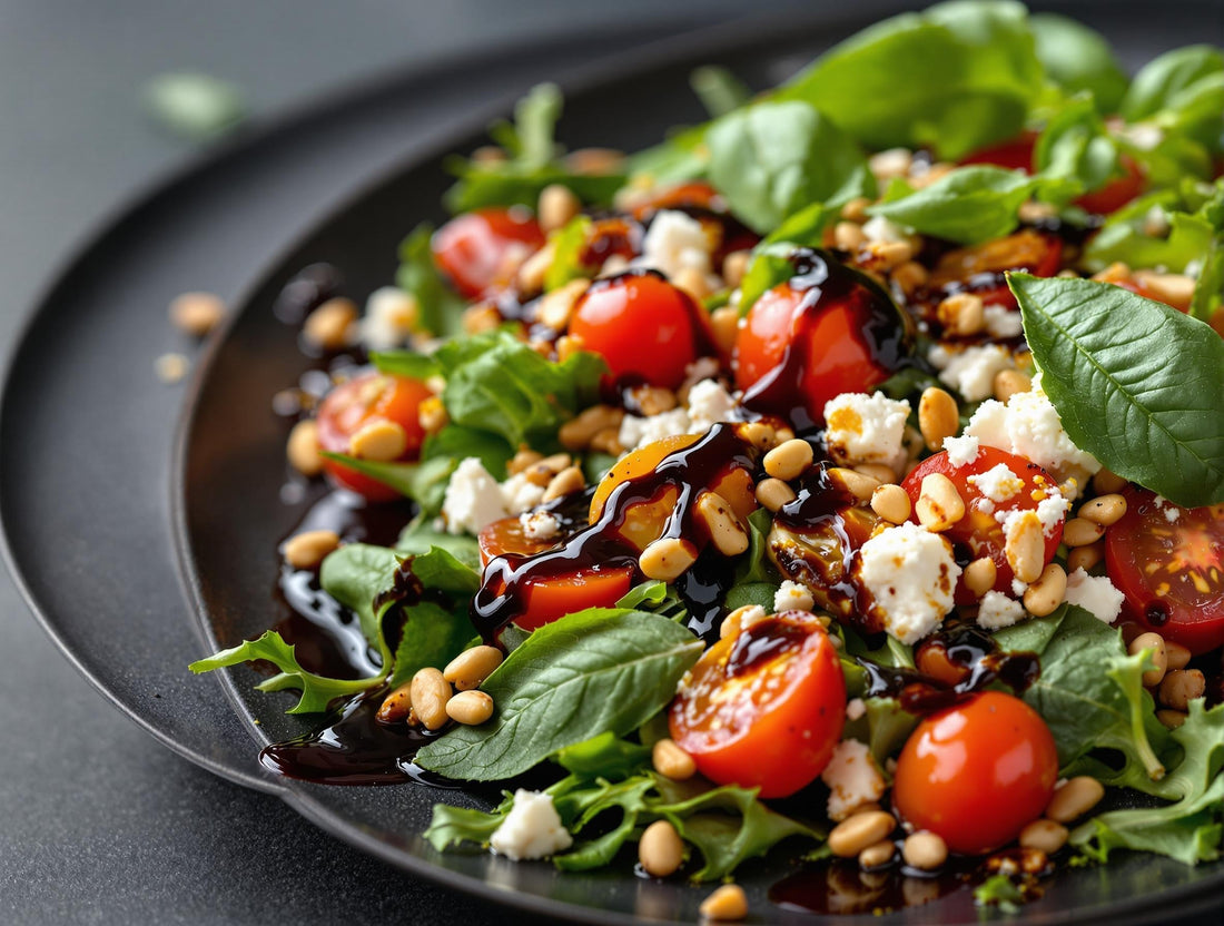Fresh gourmet salad with Sticky Balsamic premium vinegar featuring rocket, cherry tomatoes, feta, and pine nuts, showcasing how Australian-made balsamic vinegar transforms everyday salads into restaurant-quality dishes