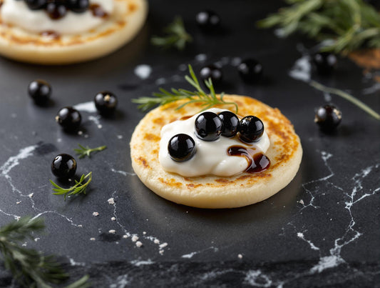 Gourmet blinis topped with crème fraîche and Sticky Balsamic pearls - elegant caviar substitute which is black balsamic vinegar spheres delicately placed on traditional blinis with fresh herb garnish on dark slate surface