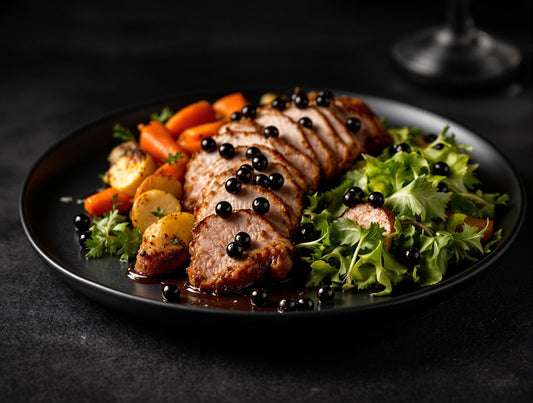 Flavor pearls with roast duck, roast vegetables and salad.