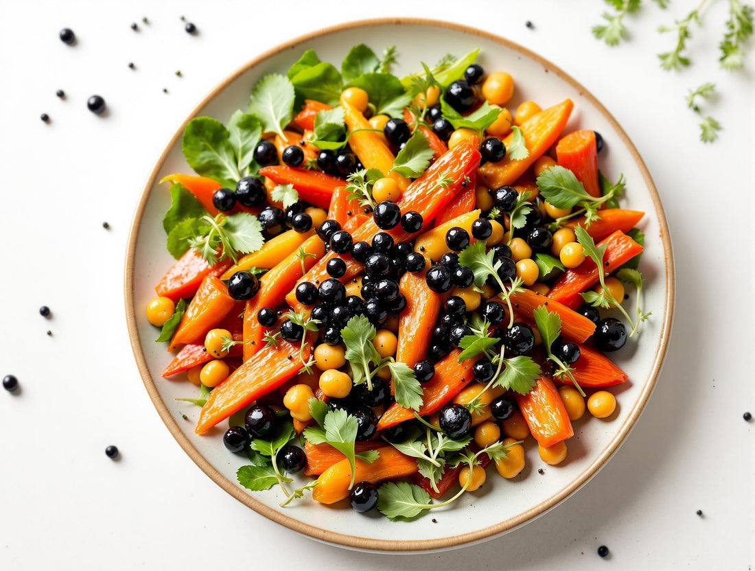 Elegant plant based caviar alternative featuring Sticky Balsamic pearls on a colorful vegan dish with roasted rainbow carrots and fresh greens, showcasing Australian-made premium balsamic spheres as a sustainable caviar substitute