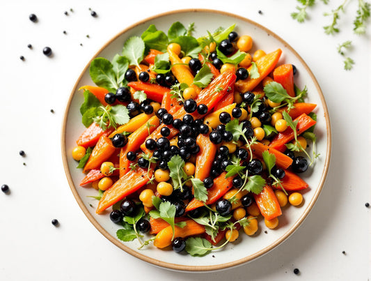 Elegant plant based caviar alternative featuring Sticky Balsamic pearls on a colorful vegan dish with roasted rainbow carrots and fresh greens, showcasing Australian-made premium balsamic spheres as a sustainable caviar substitute