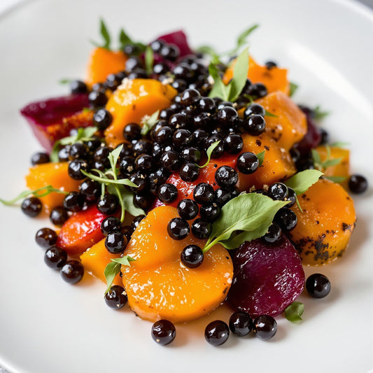 Roasted sweet potato and beetroot salad with Sticky Balsamic Pearls and microgreens