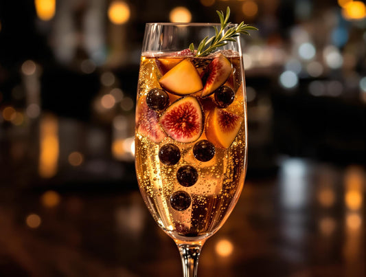 Fig Pearl Sunset Fizz cocktail with muddled fresh figs creating purple-pink hue and small Sticky Balsamic Premium Fig Pearls sinking through the liquid
