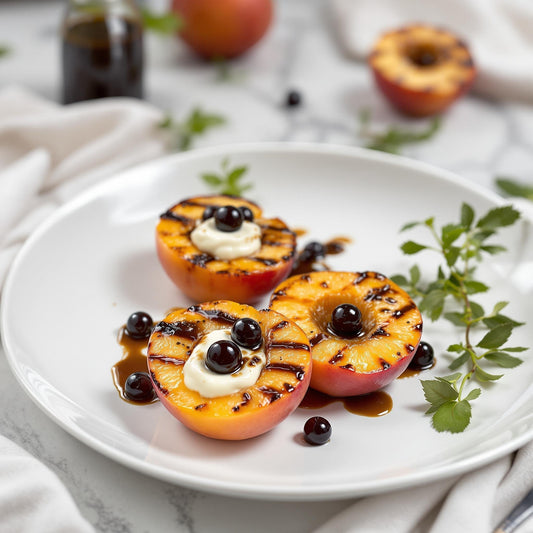 Grilled peach halves topped with mascarpone cream and dark balsamic pearls arranged on a white plate, garnished with fresh herbs