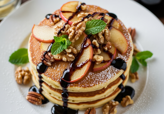 A beautifully plated stack of three fluffy, golden-brown pancakes sits elegantly on a clean white ceramic plate. The pancakes have a perfect golden color with visible texture showing their light, airy consistency.