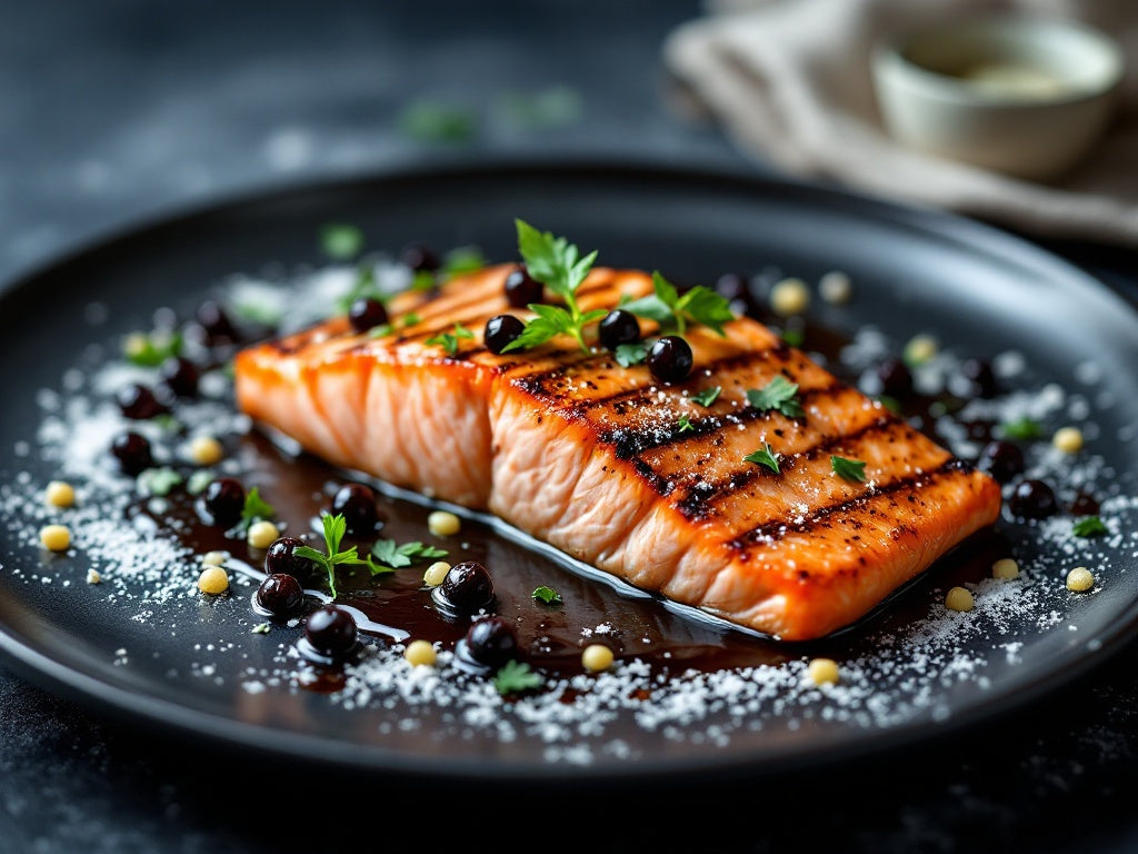 Citrus glazed salmon with sticky balsamic pearls on top with parsley, on a black plate on a dark table.