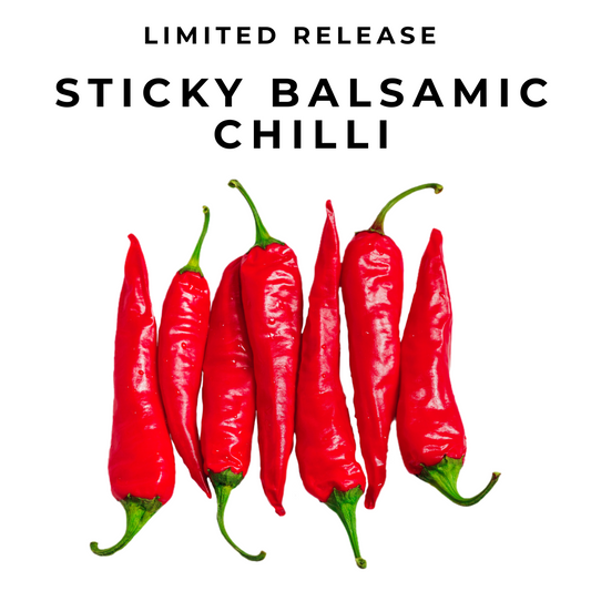 Sticky Balsamic Chilli showing red chillies lined up