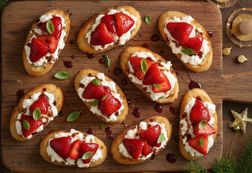 Balsamic strawberry crostini with whipped ricotta and fresh basil on toasted baguette - elegant Christmas appetizer recipe