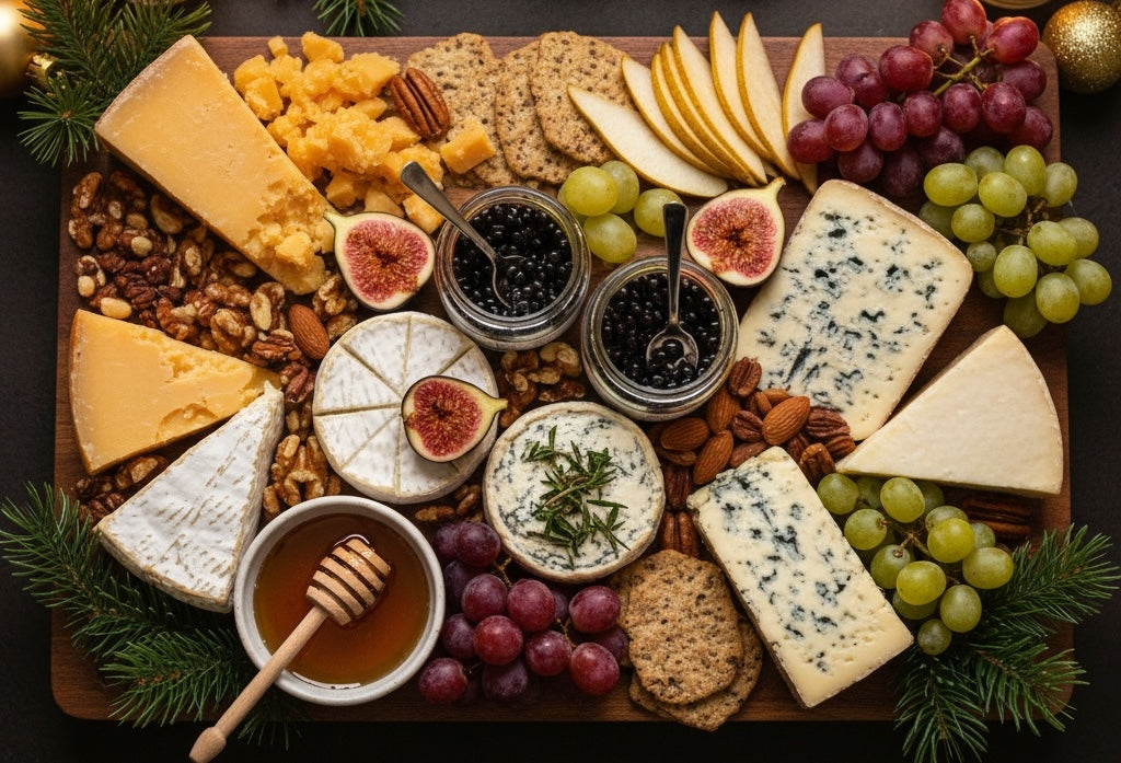 Christmas cheese platter with fig and truffle balsamic pearls, artisan cheeses, fresh figs, and festive holiday decorations