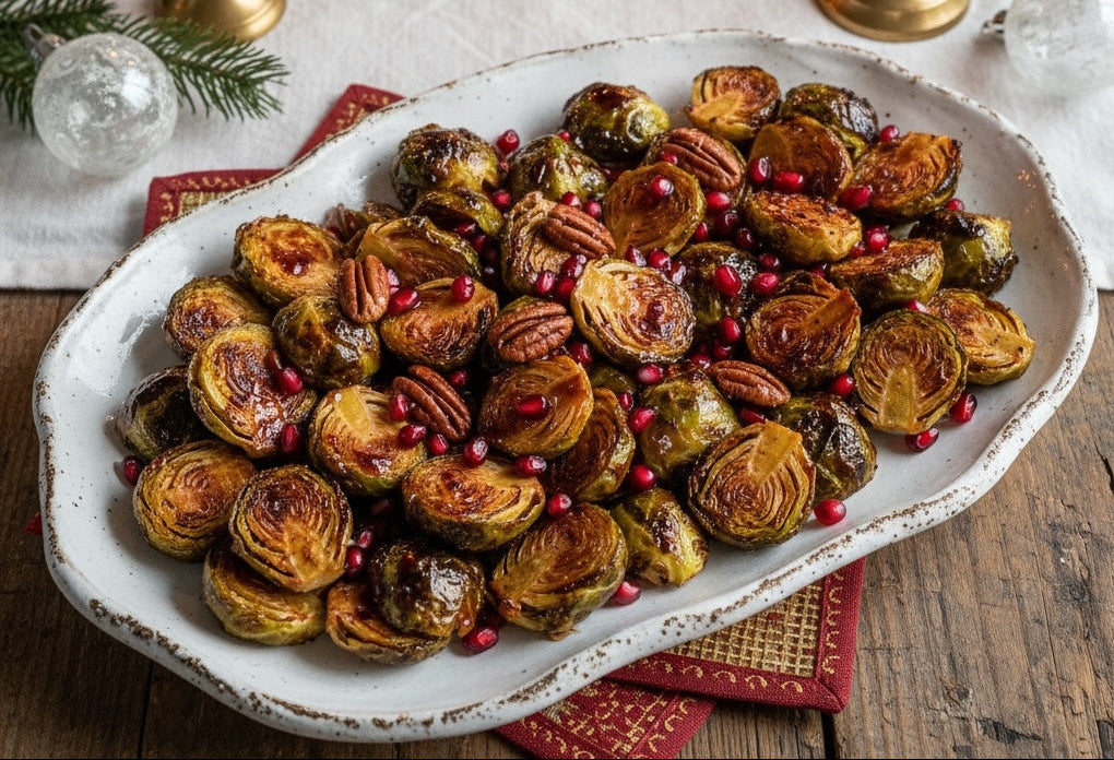 Roasted Brussels sprouts drizzled with pomegranate balsamic vinegar, topped with toasted pecans and fresh pomegranate seeds for Christmas dinner