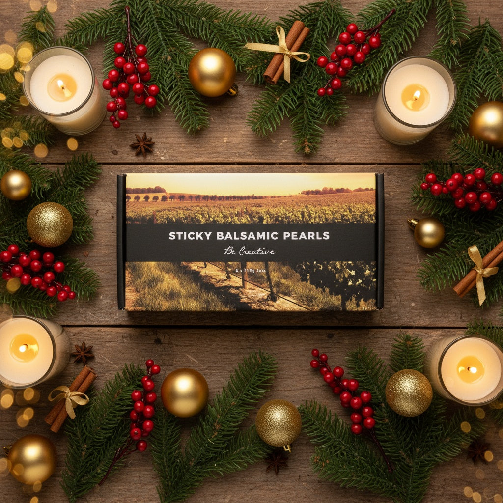 Sticky Balsamic Pearls Gift Box styled for Christmas with festive decorations - luxury gourmet gift for foodies