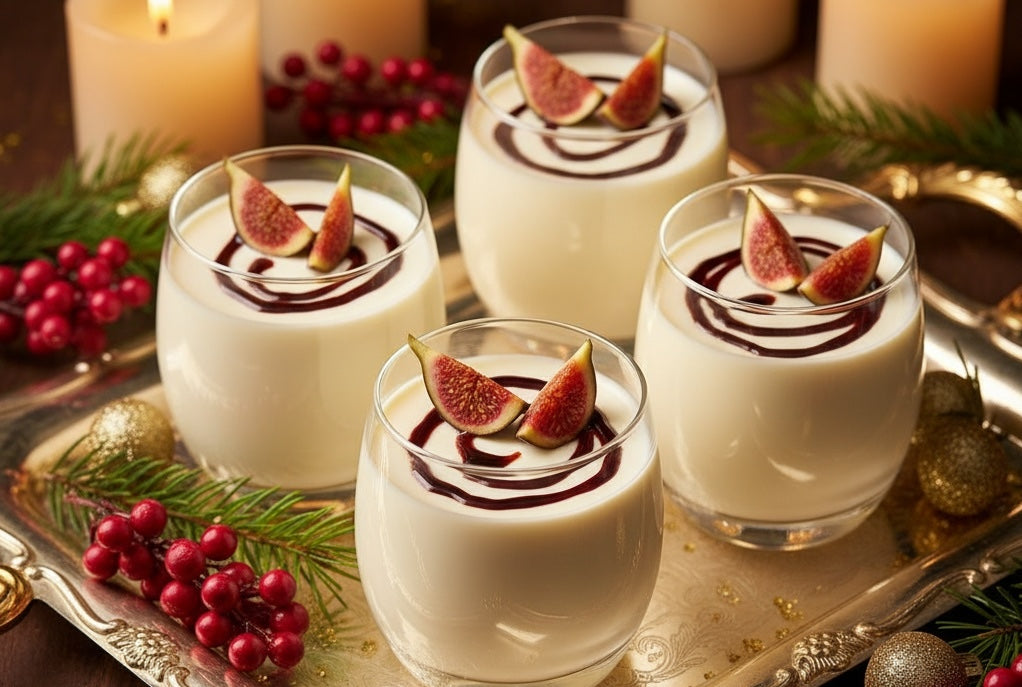 Vanilla panna cotta drizzled with fig balsamic glaze and garnished with fresh figs - elegant Christmas dessert recipe