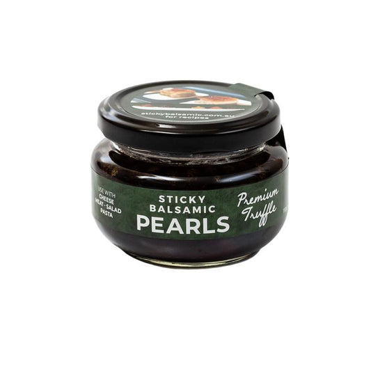 Sticky Balsamic Pearls - Premium Truffle 110g 3.85oz glass jar on a white background