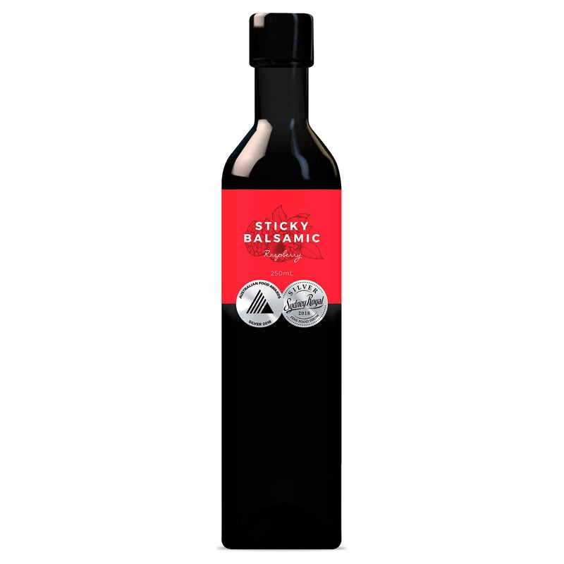 Sticky Balsamic Premium Raspberry 250ml stylised bottle on a white background