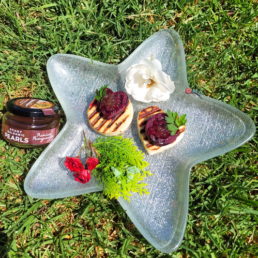 Halloumi Beet Bites with Sticky Balsamic Pearls