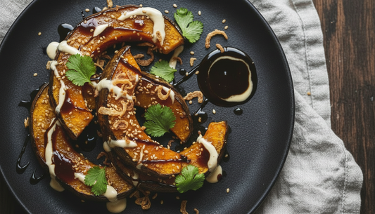 Roasted miso-glazed pumpkin wedges on a black plate, drizzled with tahini and dark balsamic, topped with sesame seeds, crispy shallots and coriander.
