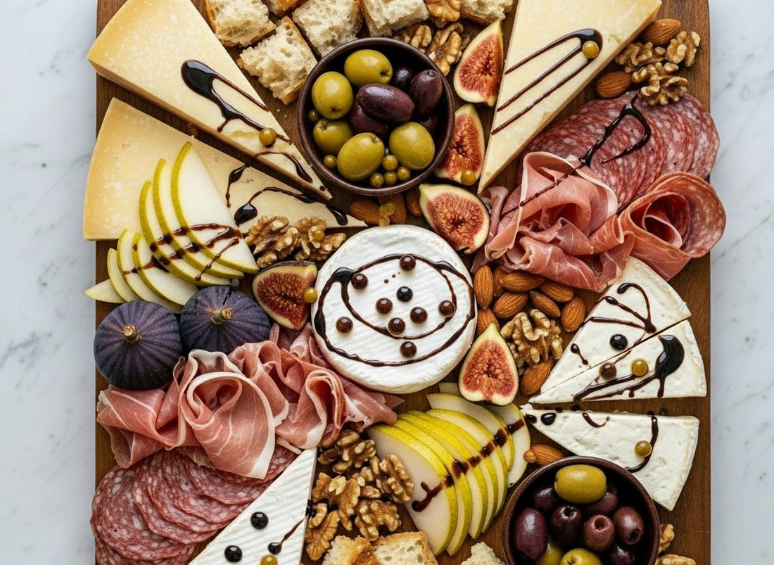 Luxurious antipasto platter featuring aged cheeses, prosciutto, fresh figs, and dark Sticky Balsamic pearls with elegant balsamic vinegar drizzles on rustic wooden board