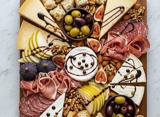 Luxurious antipasto platter featuring aged cheeses, prosciutto, fresh figs, and dark Sticky Balsamic pearls with elegant balsamic vinegar drizzles on rustic wooden board