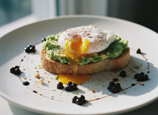 avocado toast on sourdough with a runny poached egg, chilli flakes and glossy Lemon Balsamic Pearls with dark balsamic liquid drizzled around them.