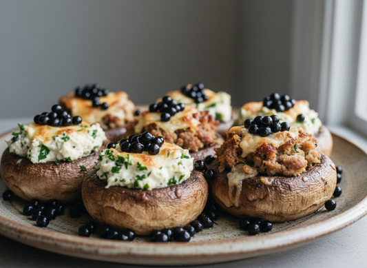 Golden baked stuffed mushroom caps filled with herbed cream cheese and sausage stuffing, garnished with glossy black Truffle Balsamic Pearls.