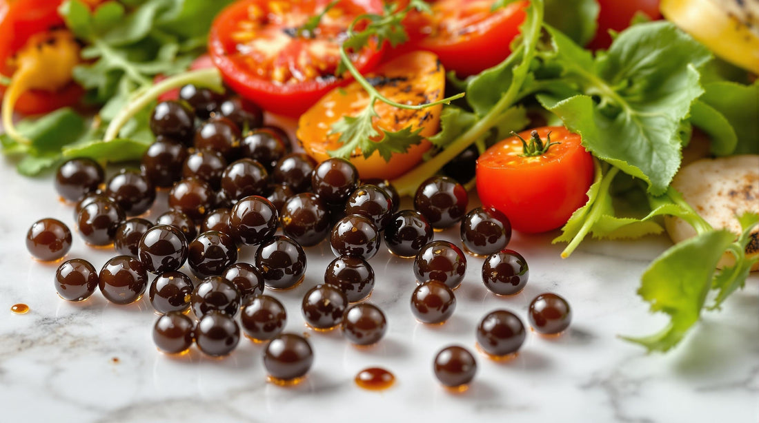 Balsamic Caviar is Vegetarian. Tomatoes and arugula on a marble bench with vegetarian balsamic caviar.