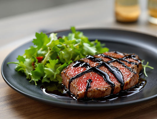 Premium balsamic glaze by Sticky Balsamic elegantly drizzled over medium-rare steak and fresh salad, showcasing the rich, dark Australian-made reduction's versatility in gourmet cooking