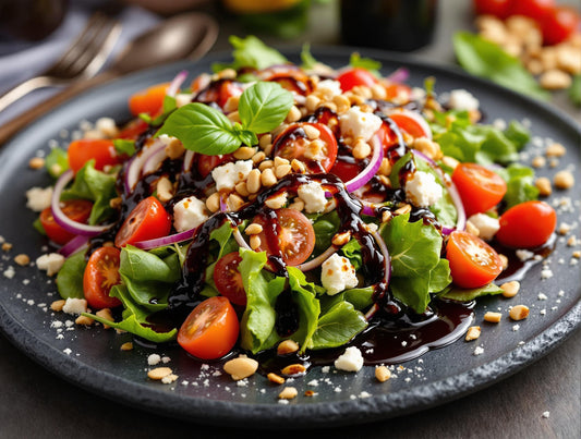 Gourmet balsamic salad featuring Sticky Balsamic premium vinegar, showcasing fresh greens, tomatoes, feta, and pine nuts, demonstrating how Australian-made artisanal balsamic transforms everyday salads into restaurant-worthy dishes