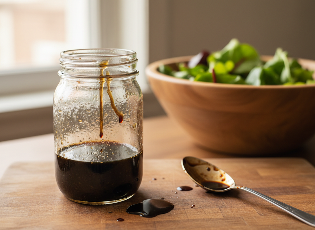 Balsamic dressing in a glass jar with a spoon and salad in the background on a wooden table.