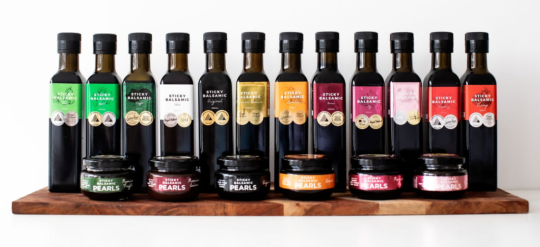 Sticky Balsamic product collection. Includes both pearls and vinegars