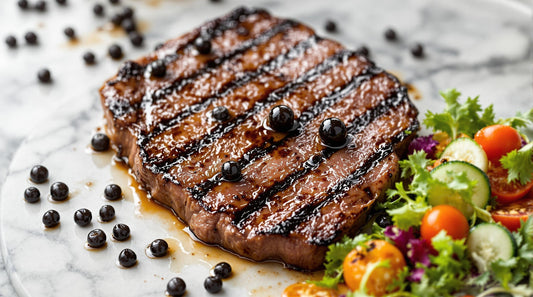 steak with sticky balsamic pearls