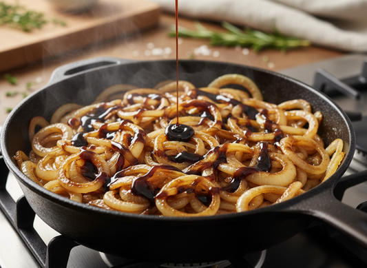 A realistic, close-up photo of golden, glossy caramelized onions cooking in a pan, finished with a dark drizzle of Sticky Balsamic.