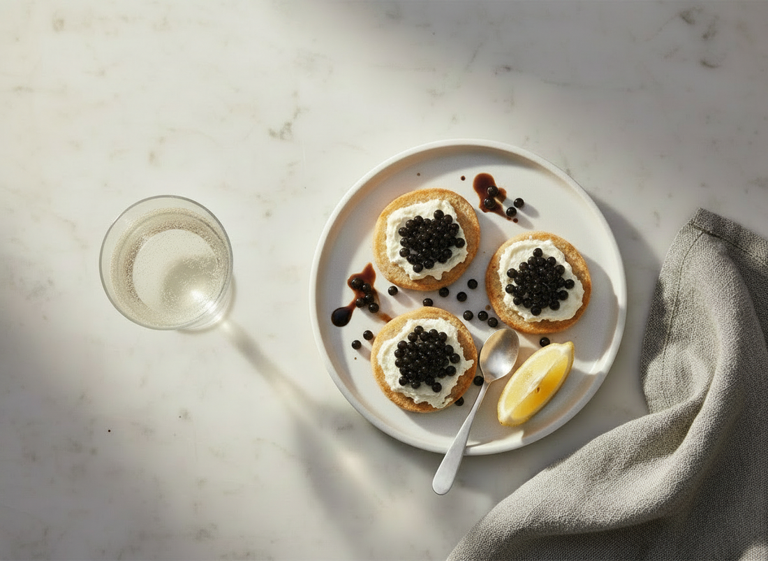 Caviar substitute idea: blinis topped with cream cheese and a small scatter of dark balsamic pearls on a white plate with a lemon wedge, spoon, and a glass of sparkling drink on a light marble surface.
