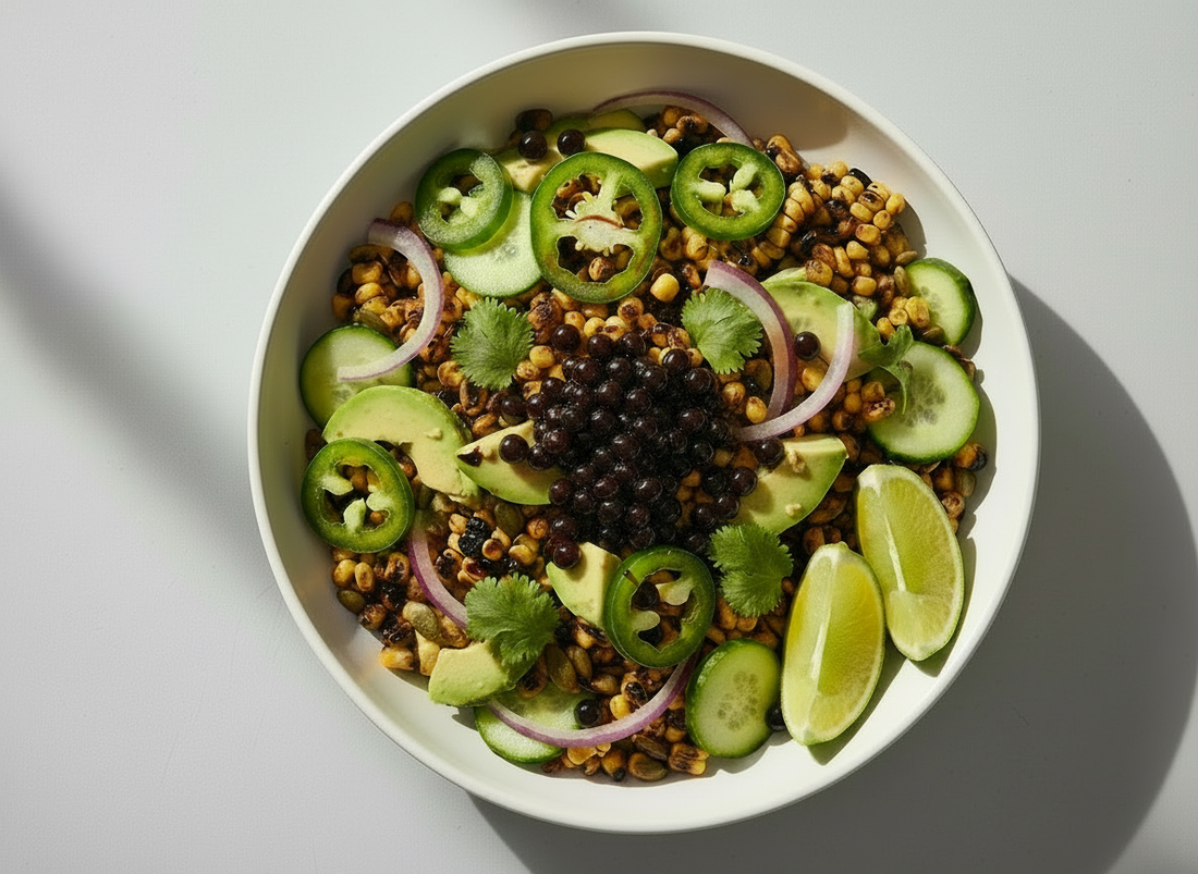 Charred corn and avocado salad with cucumber, jalapeño, coriander, and lime wedges, topped with dark balsamic pearls and a thick balsamic drizzle.