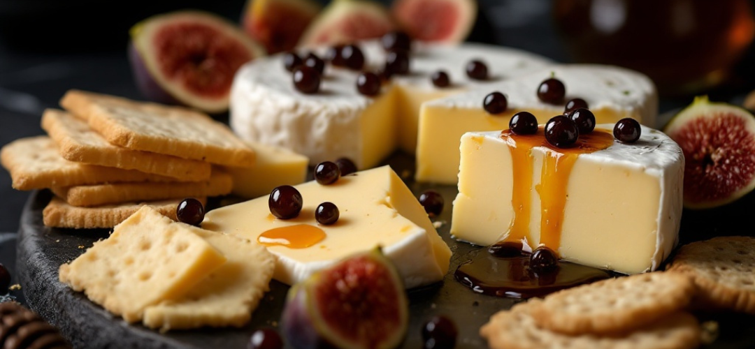 Cheese board for effortless entertaining with cheese, crackers and sticky balsamic pearls with a dark and moody background.