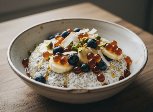 chia pudding breakfast bowl with banana, blueberries, coconut and pistachios, topped with glossy amber Quince Balsamic Pearls