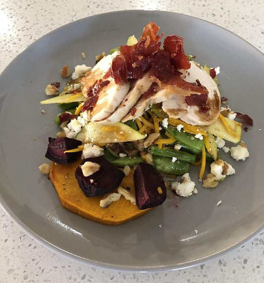 Chicken, Beetroot, Snow Pea and Beetroot Salad with Sticky Balsamic Pear