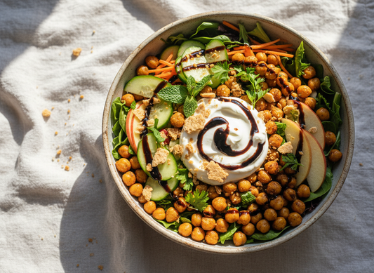 A realistic crispy chickpea pantry-raid bowl with crunchy salad, a creamy dollop and a generous glossy balsamic finish on top