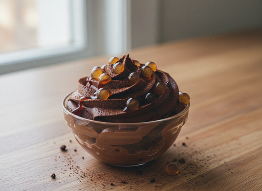 chocolate mousse topped with Sticky Balsamic Premium Pomegranate Pearls in a glass bowl