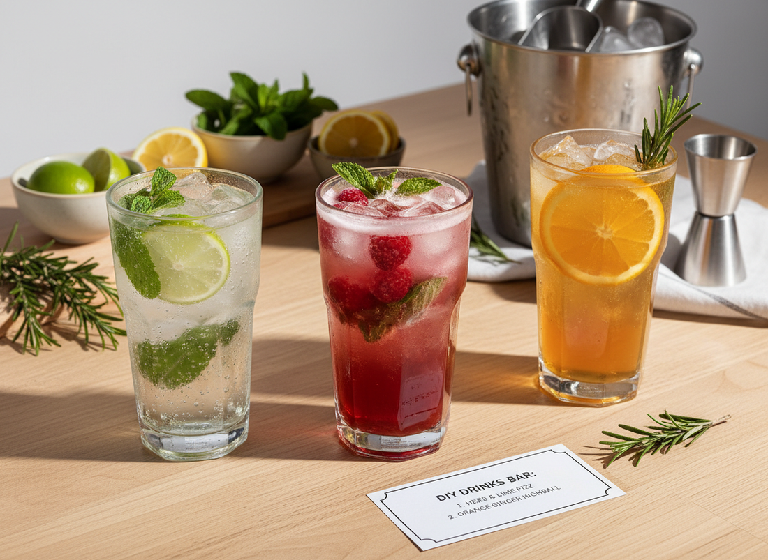 Three finished drinks—a herb-lime fizz, berry spritz and orange-ginger highball—styled on a DIY drinks bar table with garnishes and ice