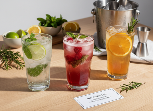 Three finished drinks—a herb-lime fizz, berry spritz and orange-ginger highball—styled on a DIY drinks bar table with garnishes and ice