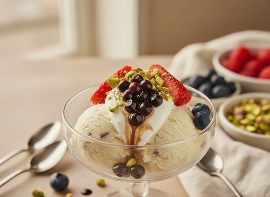 Glass dessert coupe with vanilla ice cream, a dollop of mascarpone, strawberries, blueberries, crushed pistachios, and dark balsamic pearls on top, styled in warm natural light with bowls of berries in the background.