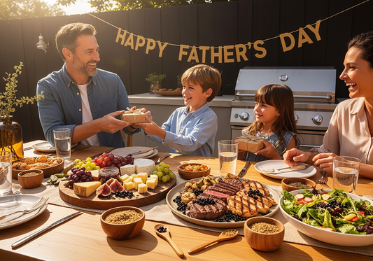 A warm, inviting Father's Day themed table setting featuring an elegant spread of gourmet dishes.