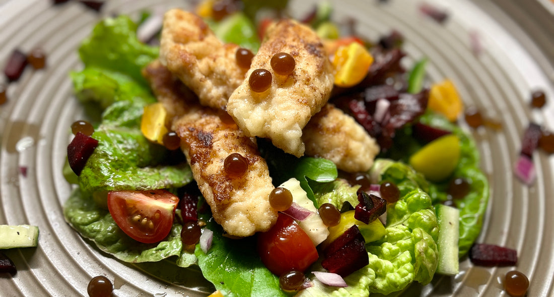 Flathead, Salad and Sticky Balsamic Pearls