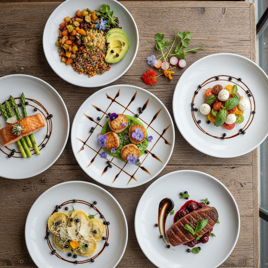 Overhead view of elegantly plated gourmet dishes on white plates with colorful ingredients, microgreens, balsamic drizzles, and dark glossy balsamic pearls as garnish, photographed on rustic wooden table in natural lighting.