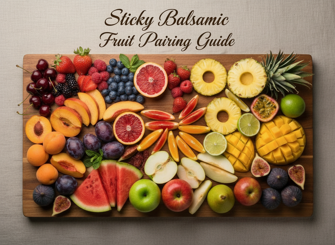Sticky Balsamic Fruit Pairing Guide: assorted seasonal fruits arranged on a wooden board