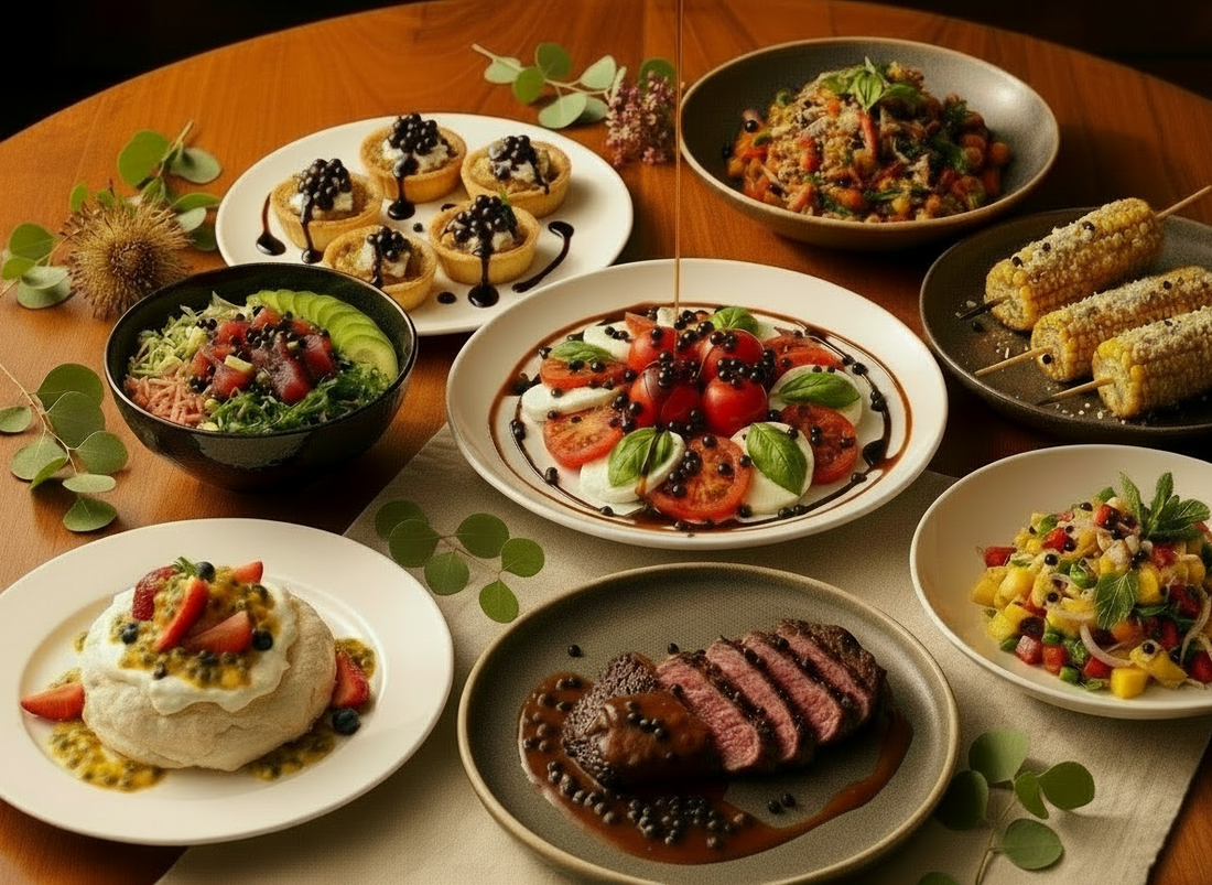 A gourmet table with international dishes, featuring large glossy balsamic pearls and rich balsamic drizzle.