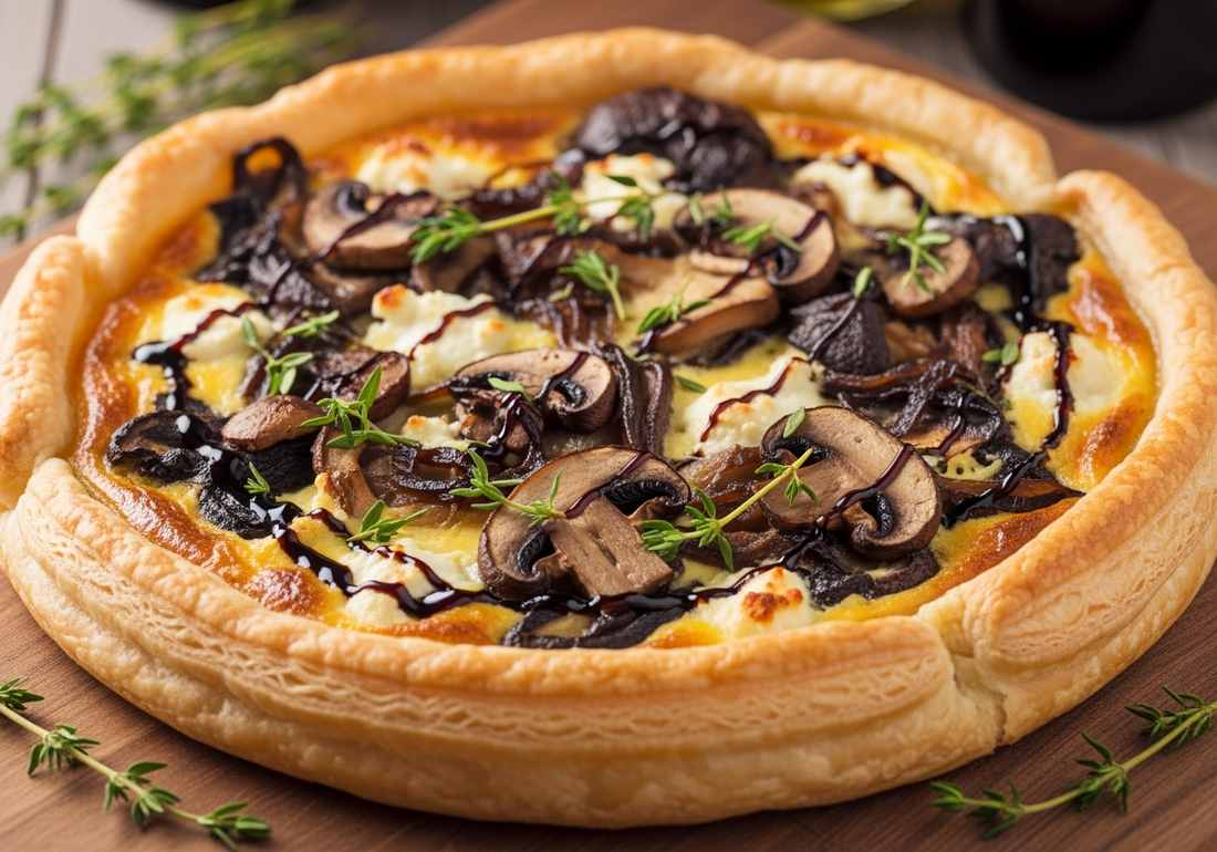 Golden puff pastry tart filled with sautéed mixed mushrooms, creamy goat cheese, and rich dark Sticky Balsamic Caramelised Onion, garnished with fresh thyme on rustic wooden board