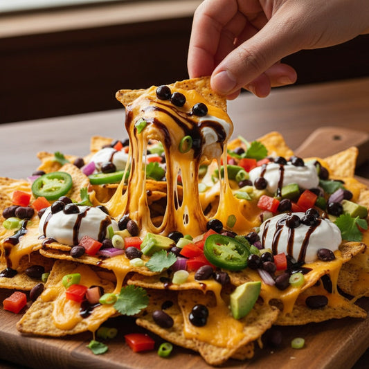 Hand reaching for a loaded nacho chip with dramatic cheese pull. Golden tortilla chip topped with melted cheddar, black beans, fresh vegetables, and glossy Sticky Balsamic Original Pearls with balsamic drizzle. 