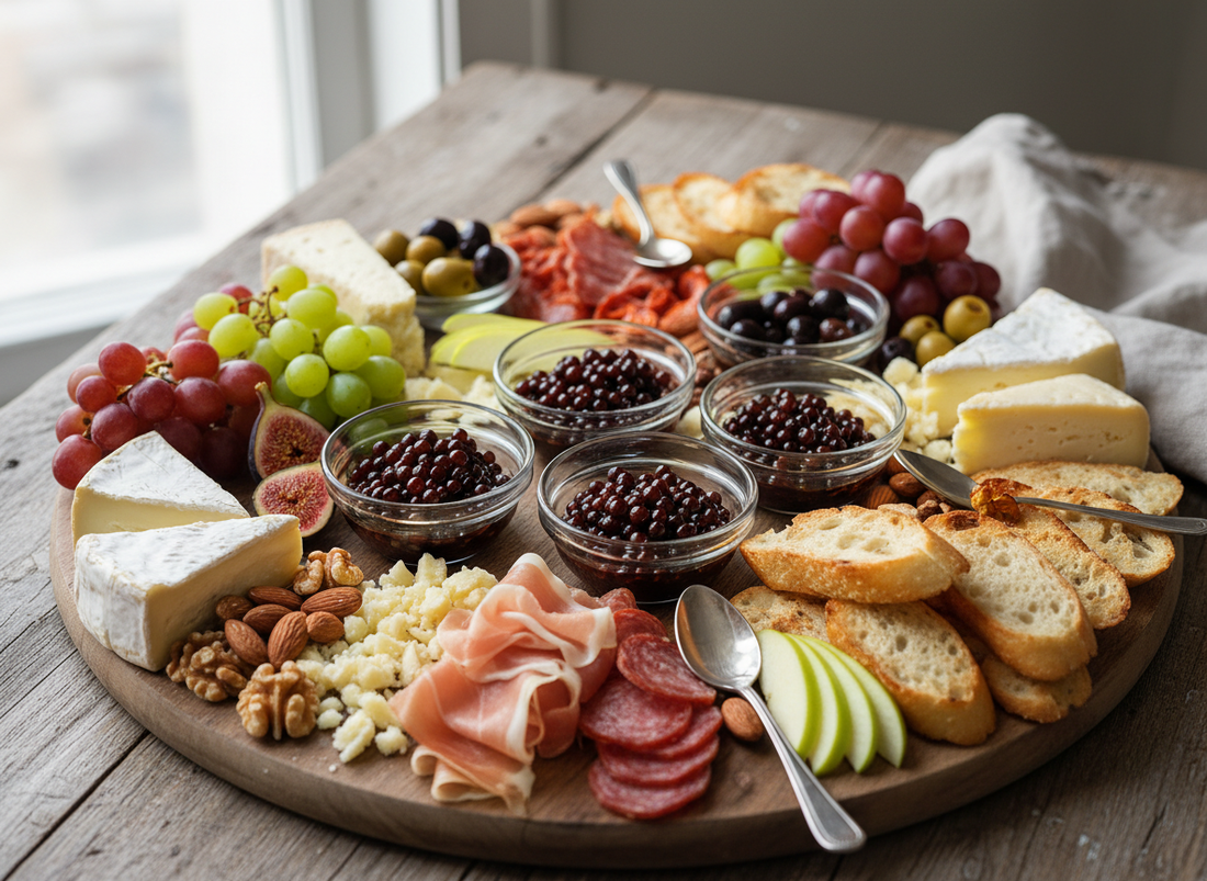 A realistic gourmet tasting board featuring small glass bowls with 6 to 8 deep brown Sticky Balsamic Pearls, each about 2mm in diameter, sitting in a visible pool of glossy balsamic liquid. 