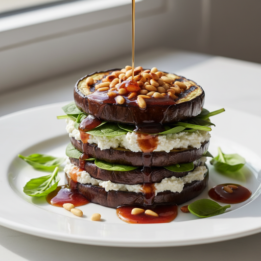 Ultra realistic photo of stacked grilled eggplant rounds layered with creamy ricotta, fresh baby spinach, toasted pine nuts, and drizzled with Sticky Balsamic Pomegranate Balsamic glaze, garnished with basil on a white plate.